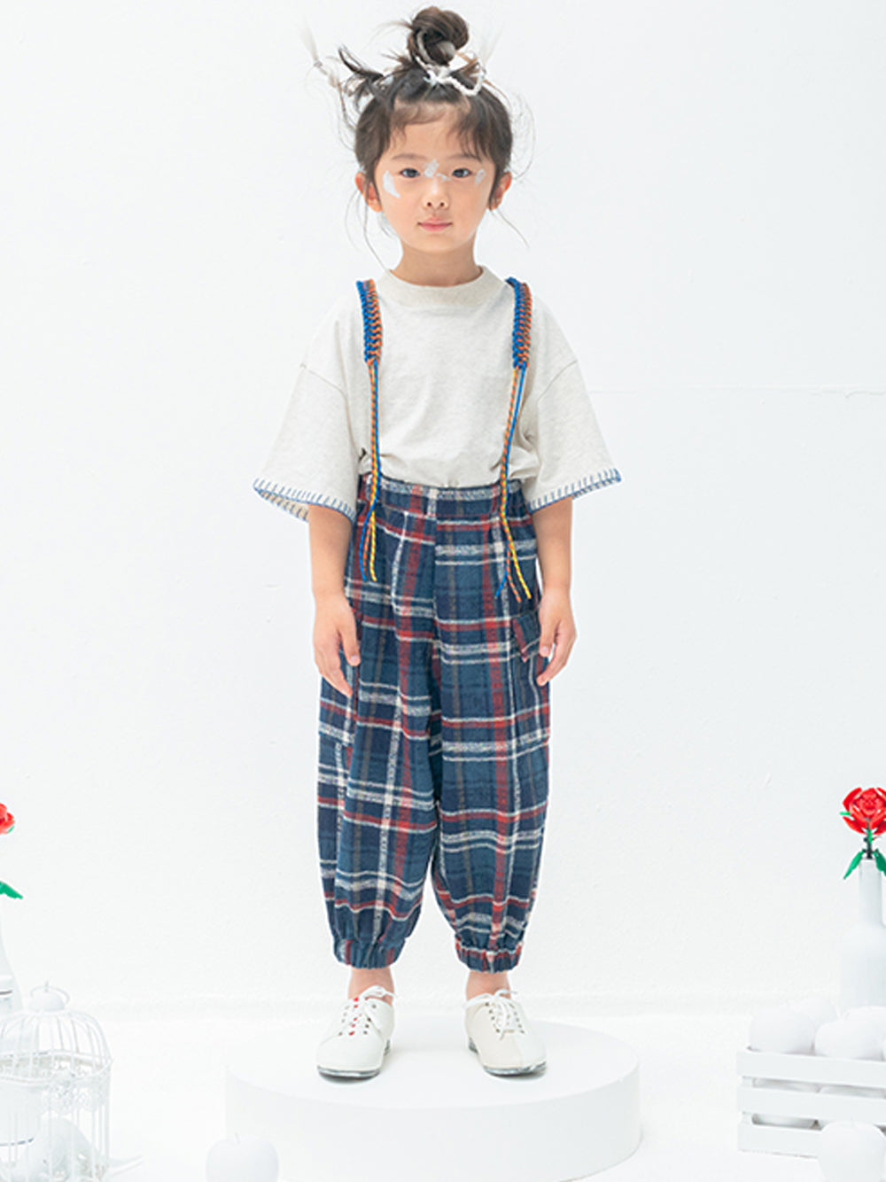 Navy Checked Suspender Pants