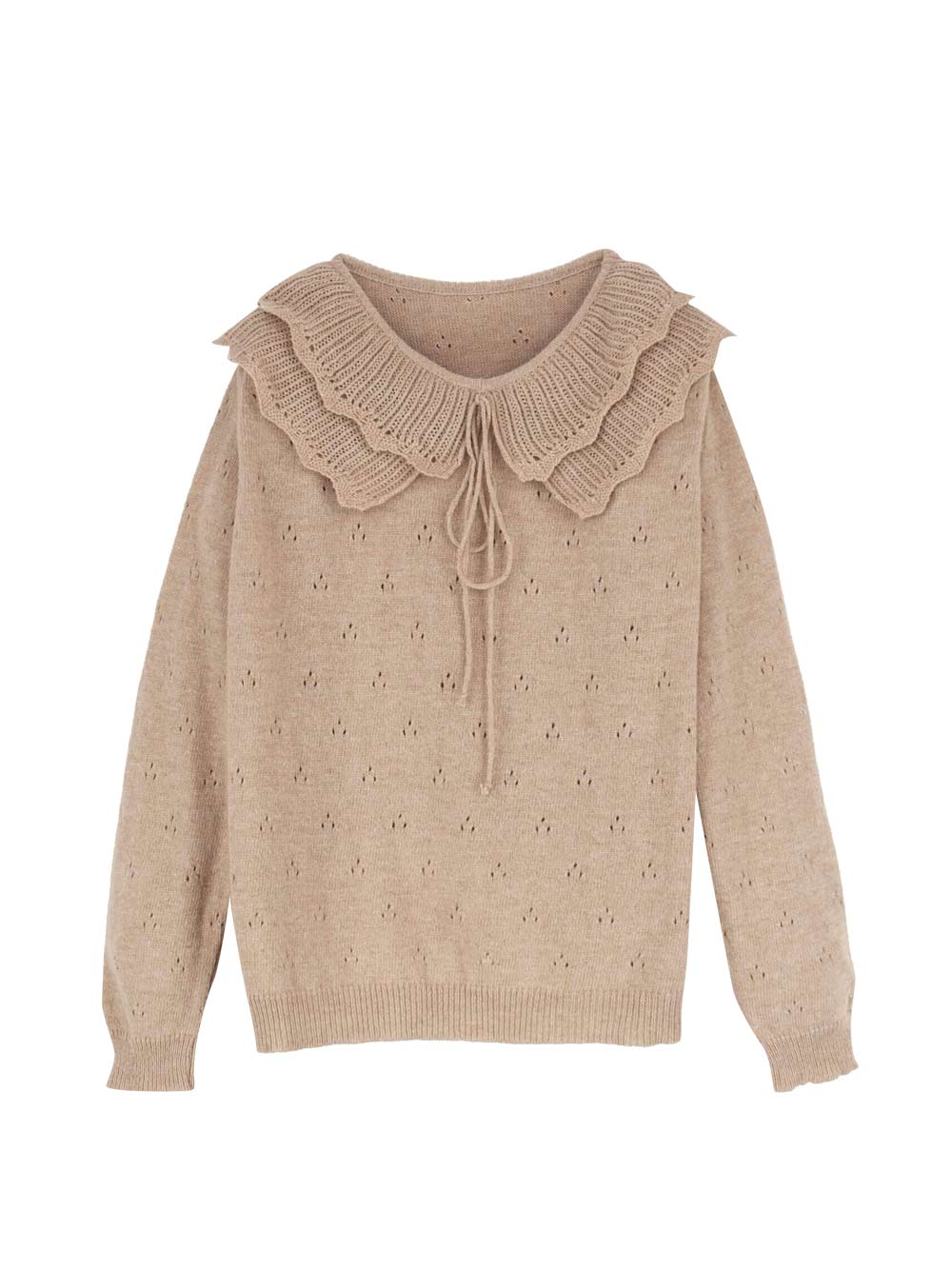 Knit Top with Collar - Beige - Ladies
