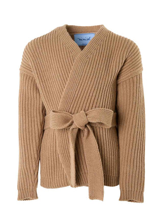 Beige Belted Wool Cardigan