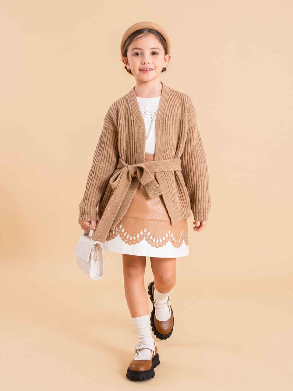 Beige Belted Wool Cardigan