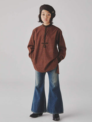 Brown Band Collar Pullover Shirt