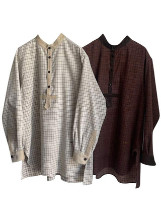 Brown Band Collar Pullover Shirt