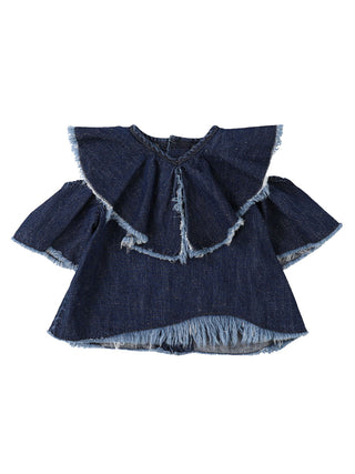 PREORDER: Navy Work Denim Ruffled Blouse