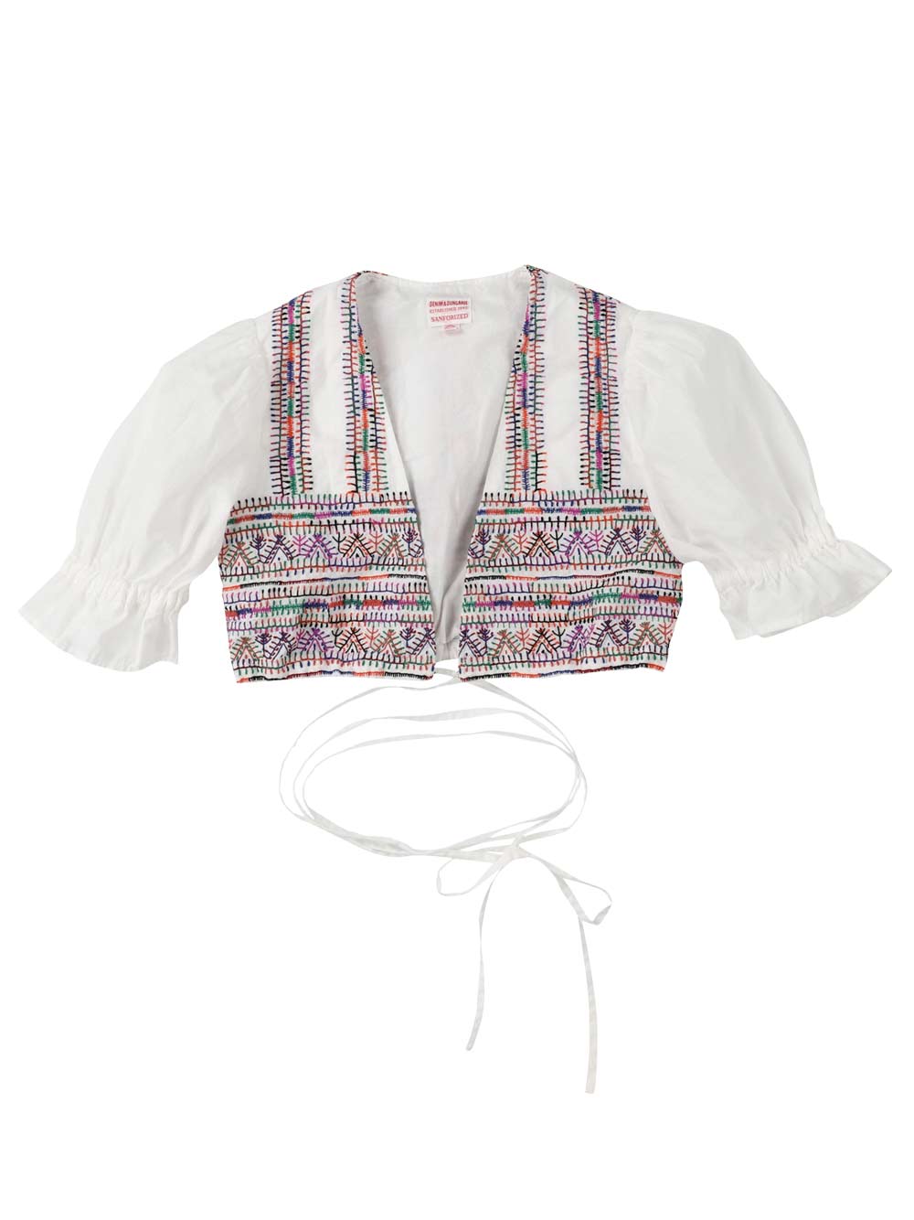 White Embroidered Tie Blouse