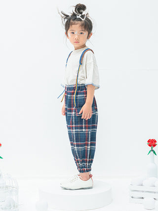 Navy Checked Suspender Pants