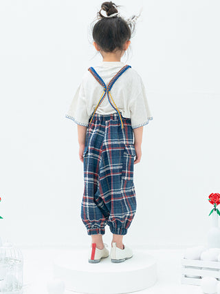 Navy Checked Suspender Pants